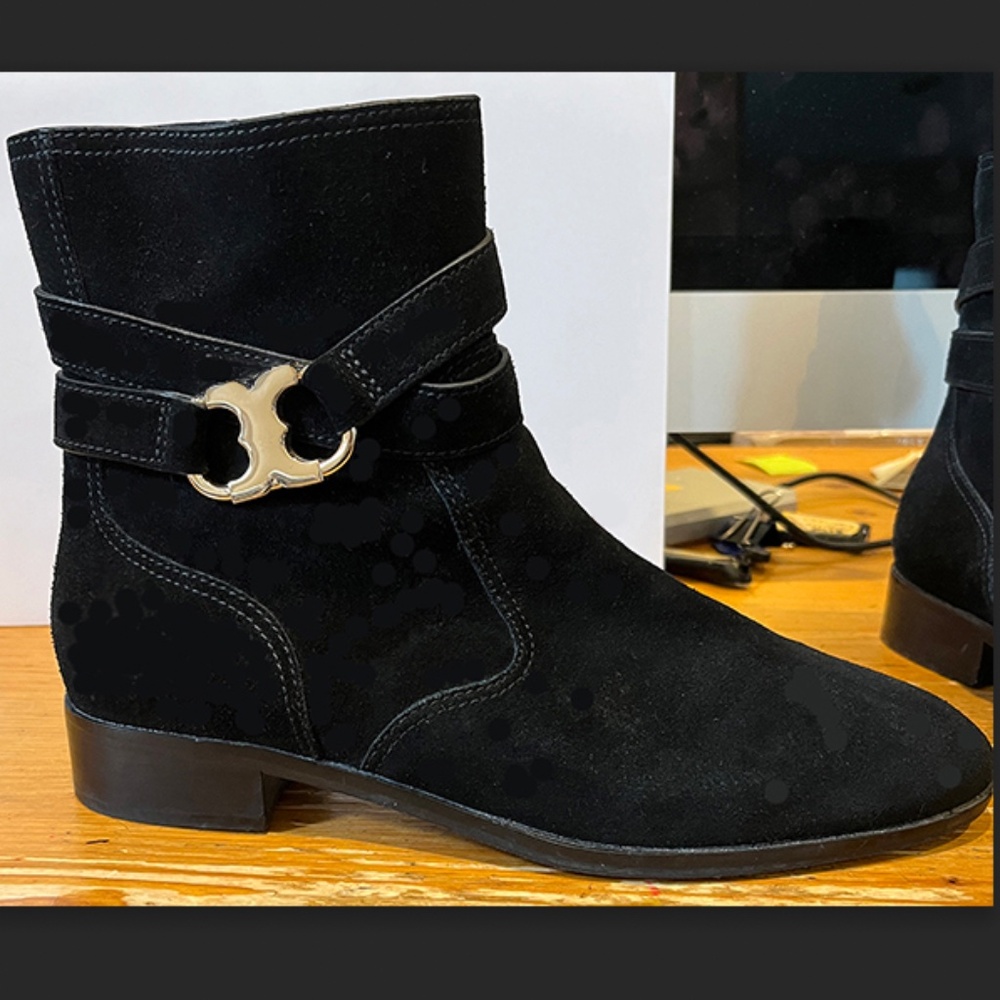 TORY BURCH Gold Gemini Link Ankle Booties BLACK SUEDE 10M